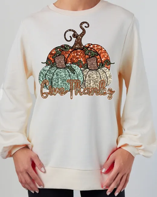 Pumpkin Fall Give Thanks Faux Glitter Women's Sweater Variety Fall Thanksgiving Tops