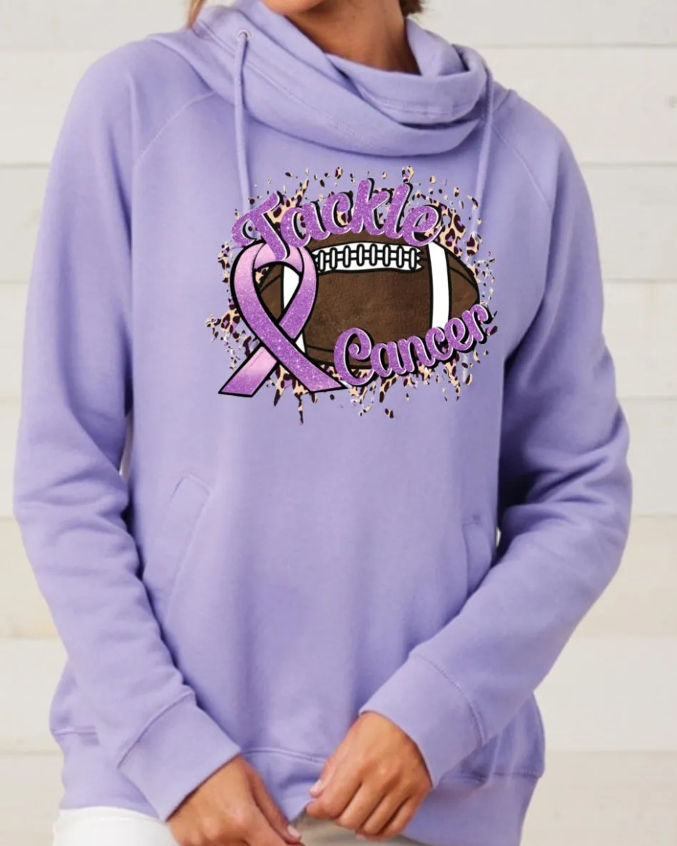 Purple Tackle Cancer Football Ribbon Leopard Purple Cowl Double Hood Tops