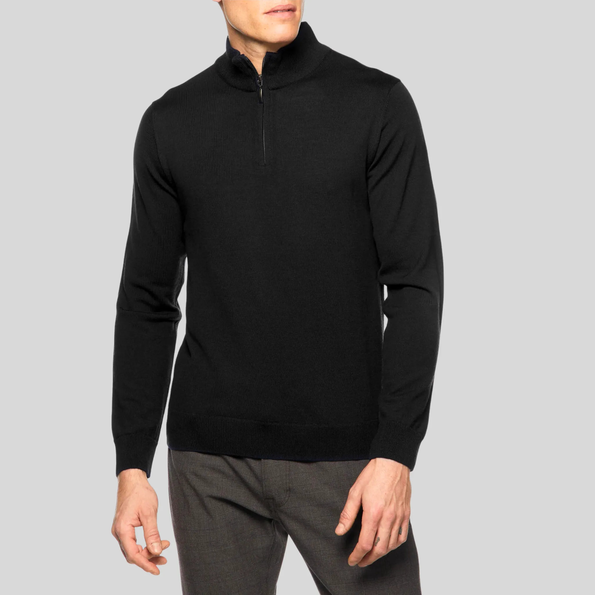 Quarter-Zip Mock Neck Merino Wool Sweater - Black