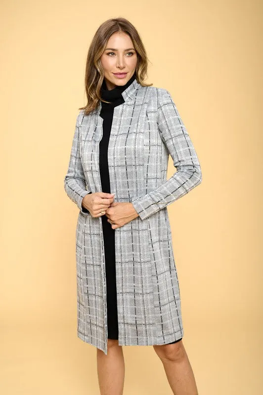 RENEE C. Stylish Grey Plaid Open Coat with Collar