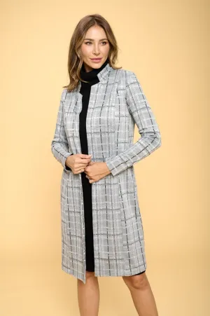 RENEE C. Stylish Grey Plaid Open Coat with Collar