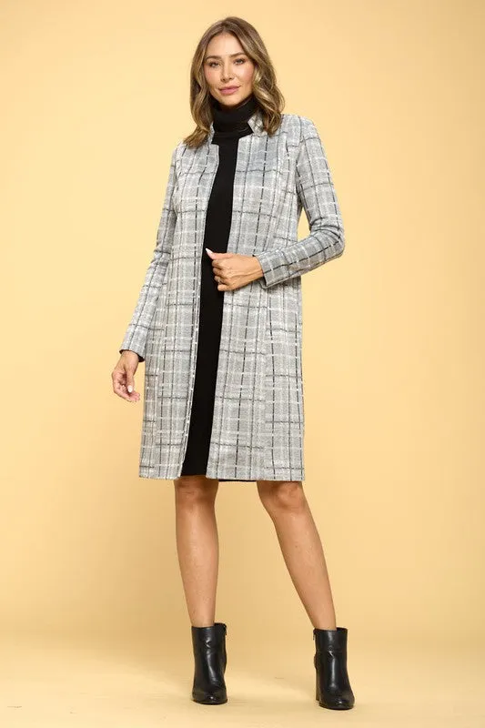 RENEE C. Stylish Grey Plaid Open Coat with Collar