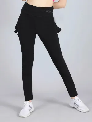 Ruffled Leggings With Side Pocket | Solid Black Activewear