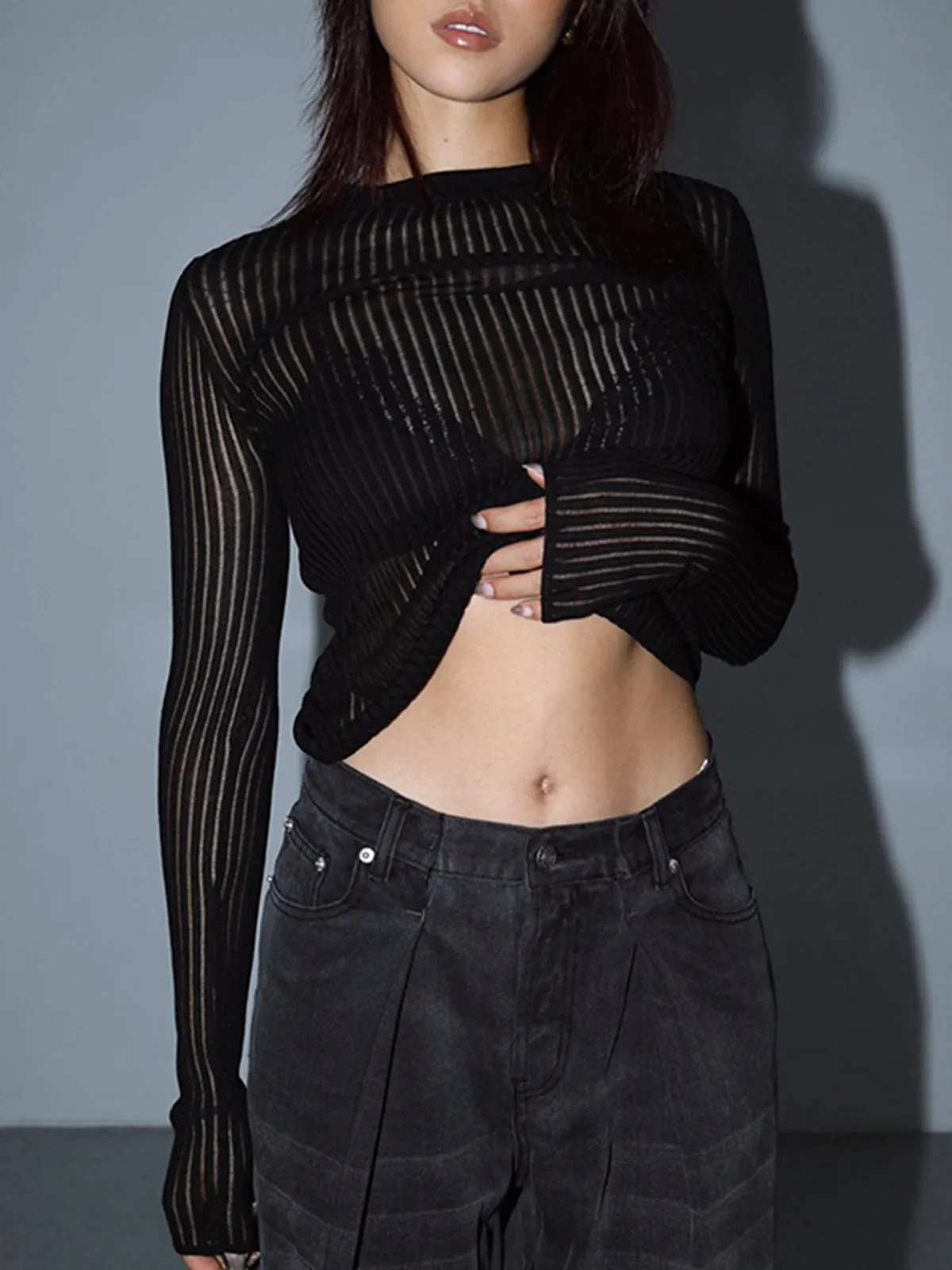 See Through Graceful Ribbed Mesh Top