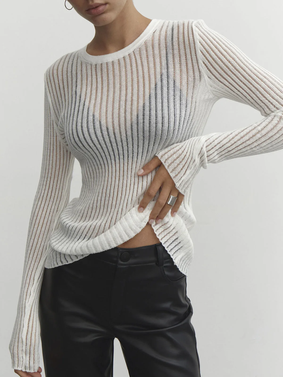 See Through Graceful Ribbed Mesh Top