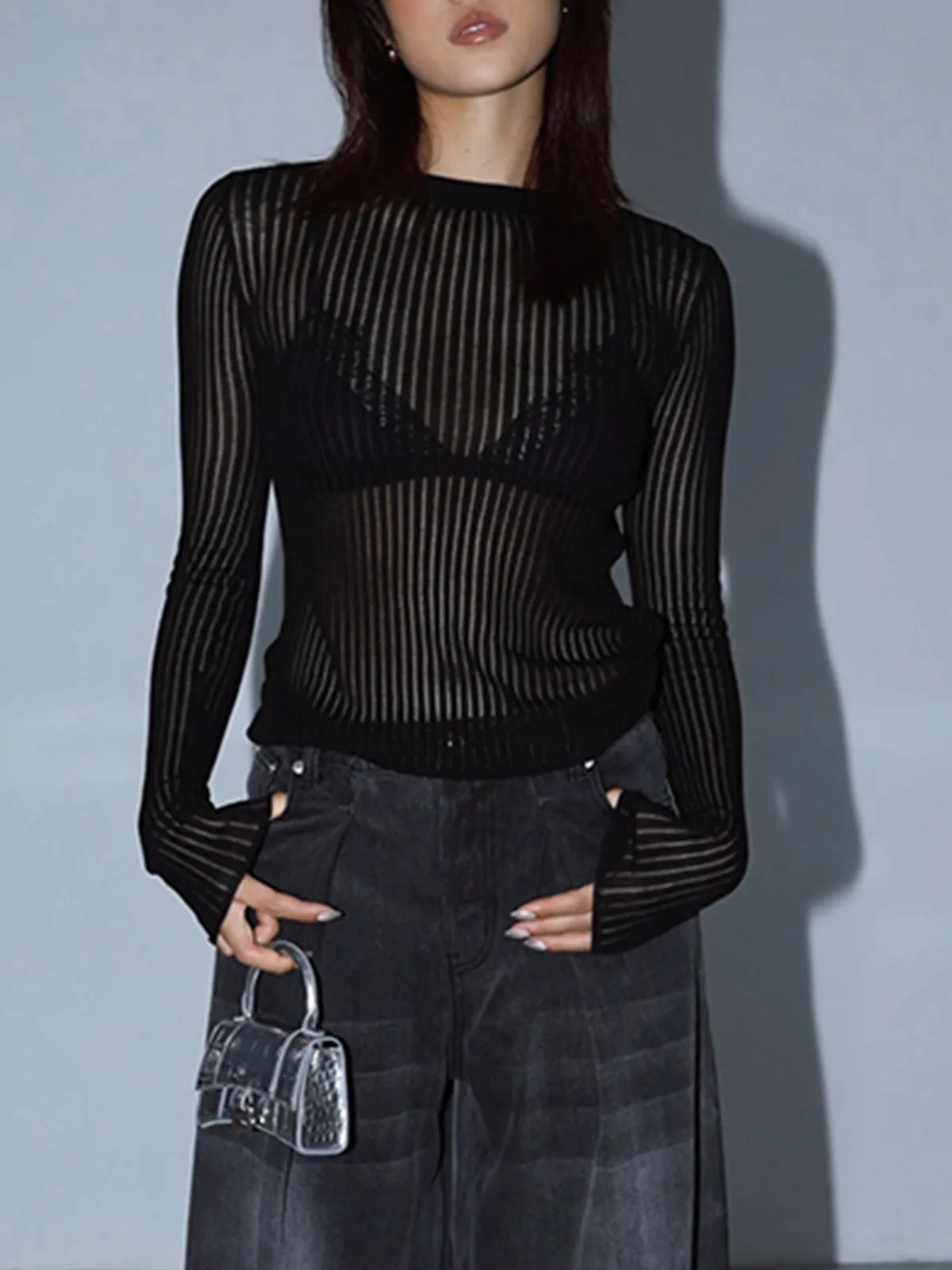 See Through Graceful Ribbed Mesh Top