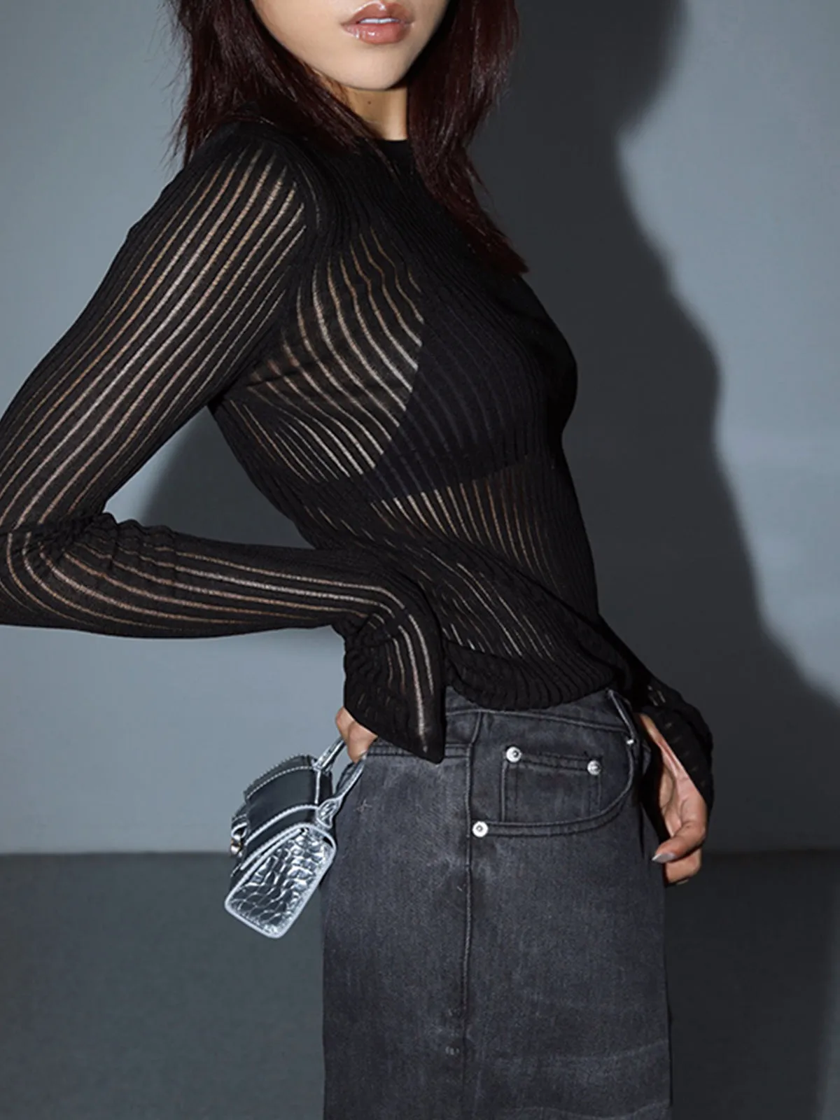 See Through Graceful Ribbed Mesh Top