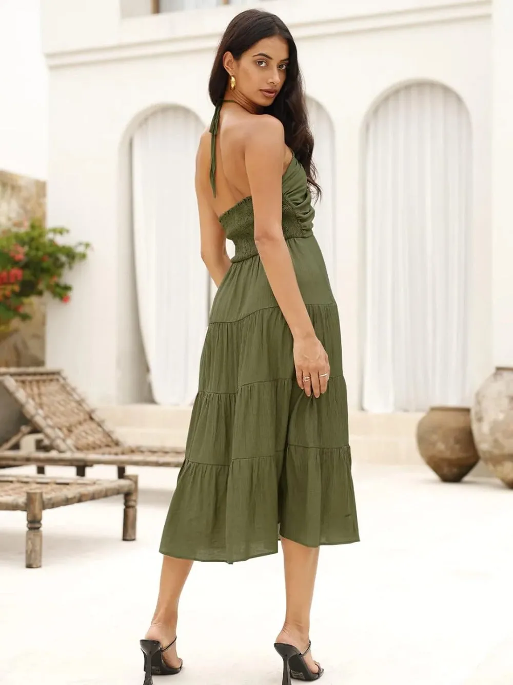 Sleeveless Ruffle Tiered Halter Midi Dress