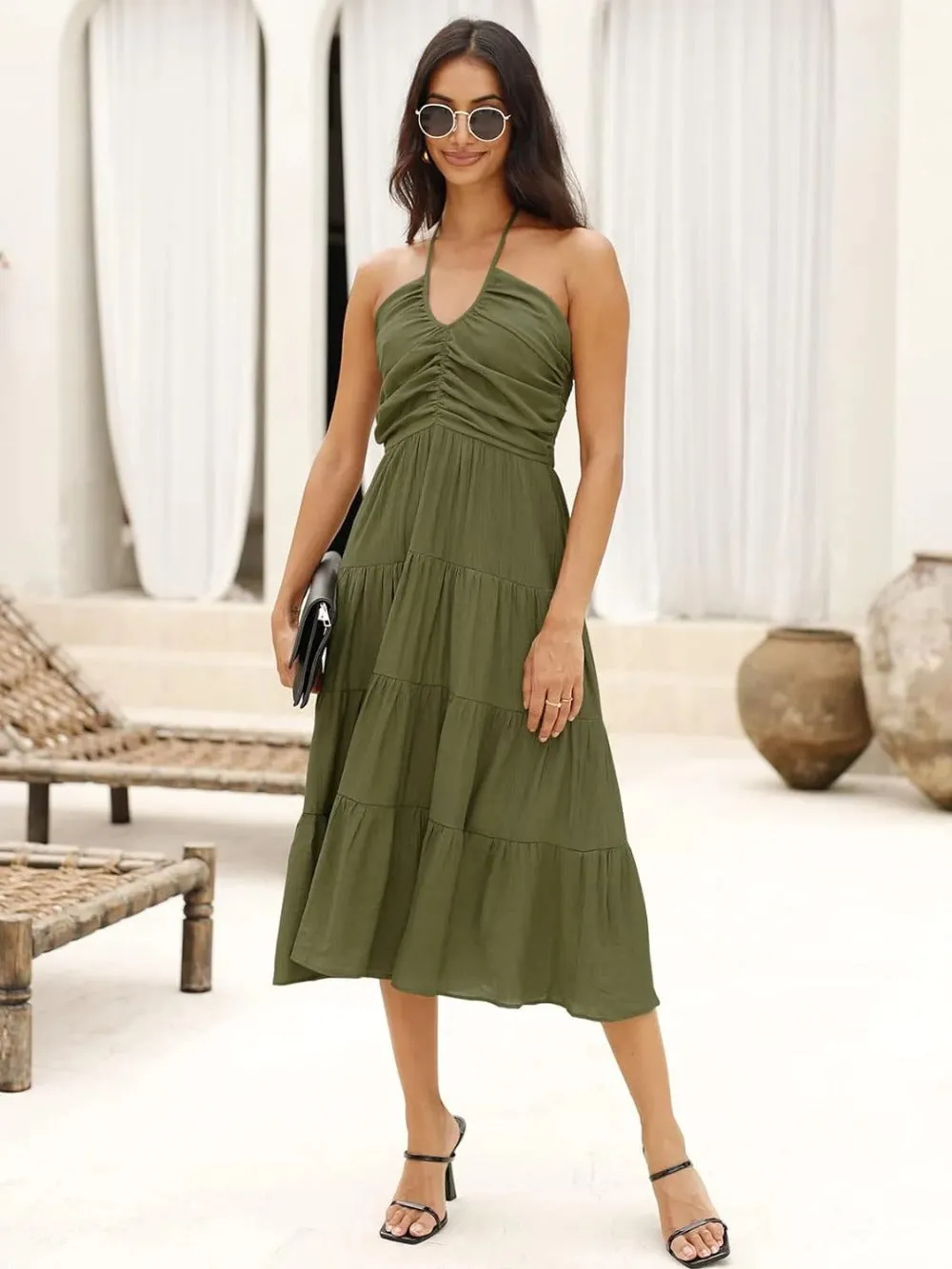 Sleeveless Ruffle Tiered Halter Midi Dress