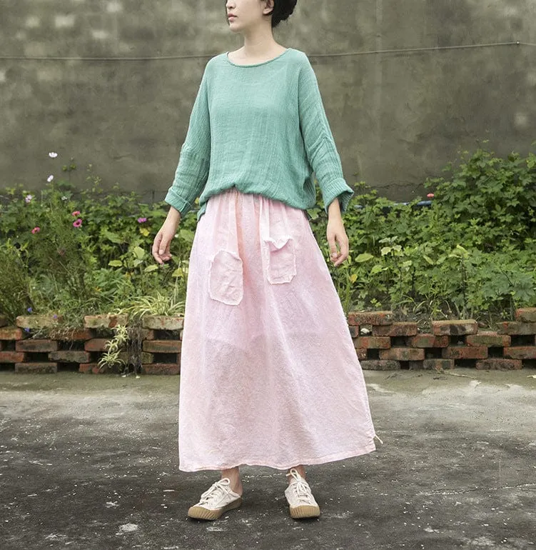 Soft Pink Linen Midi Skirt