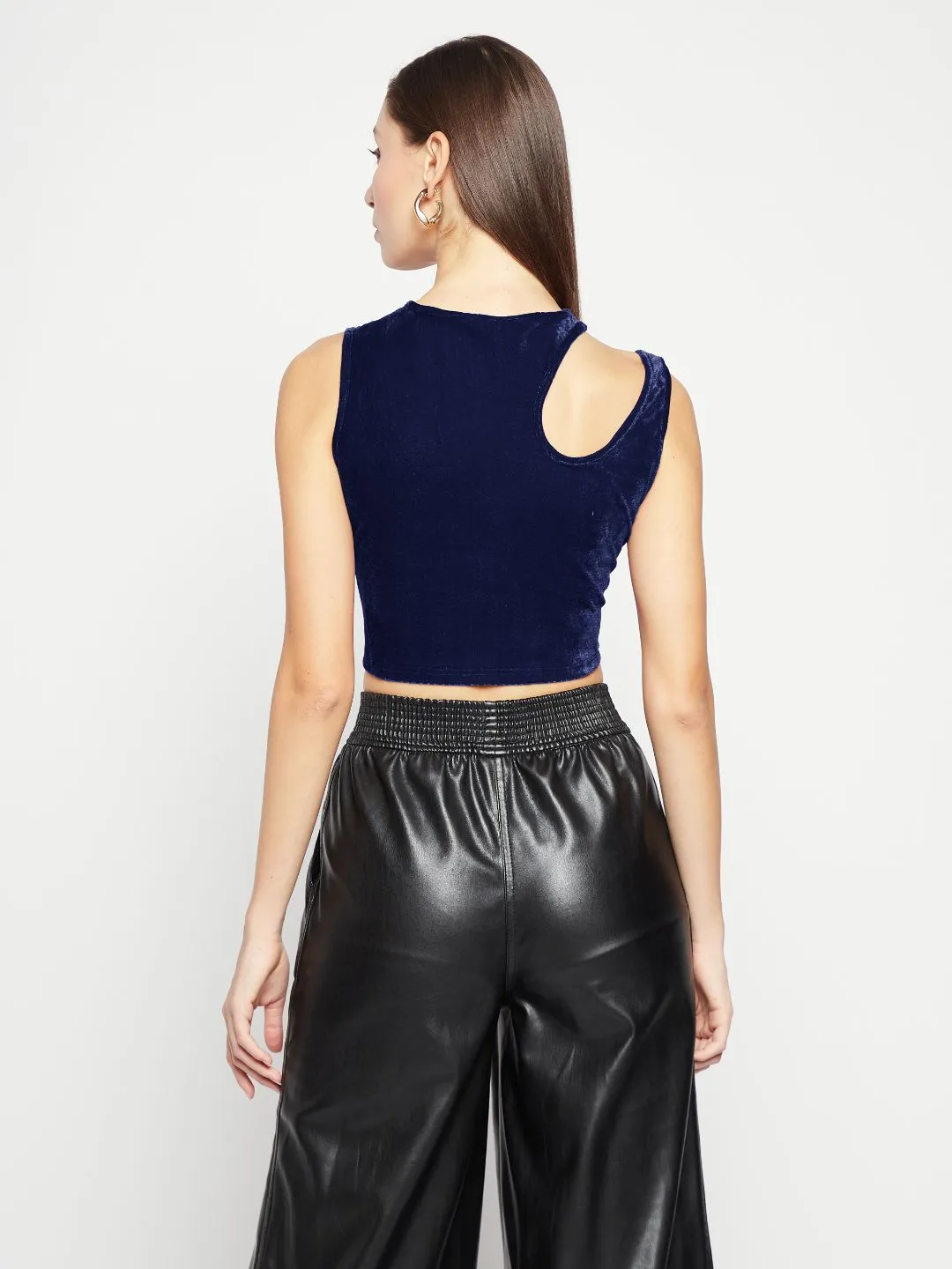 Stretchable Velvet Shoulder Cutout Crop Top