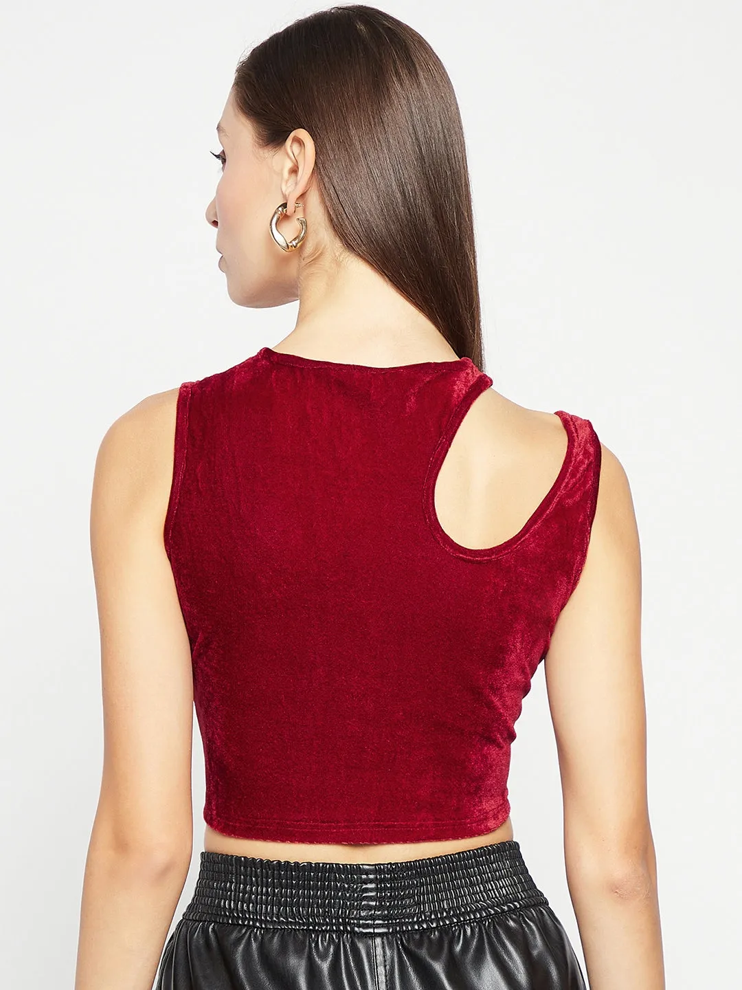 Stretchable Velvet Shoulder Cutout Crop Top