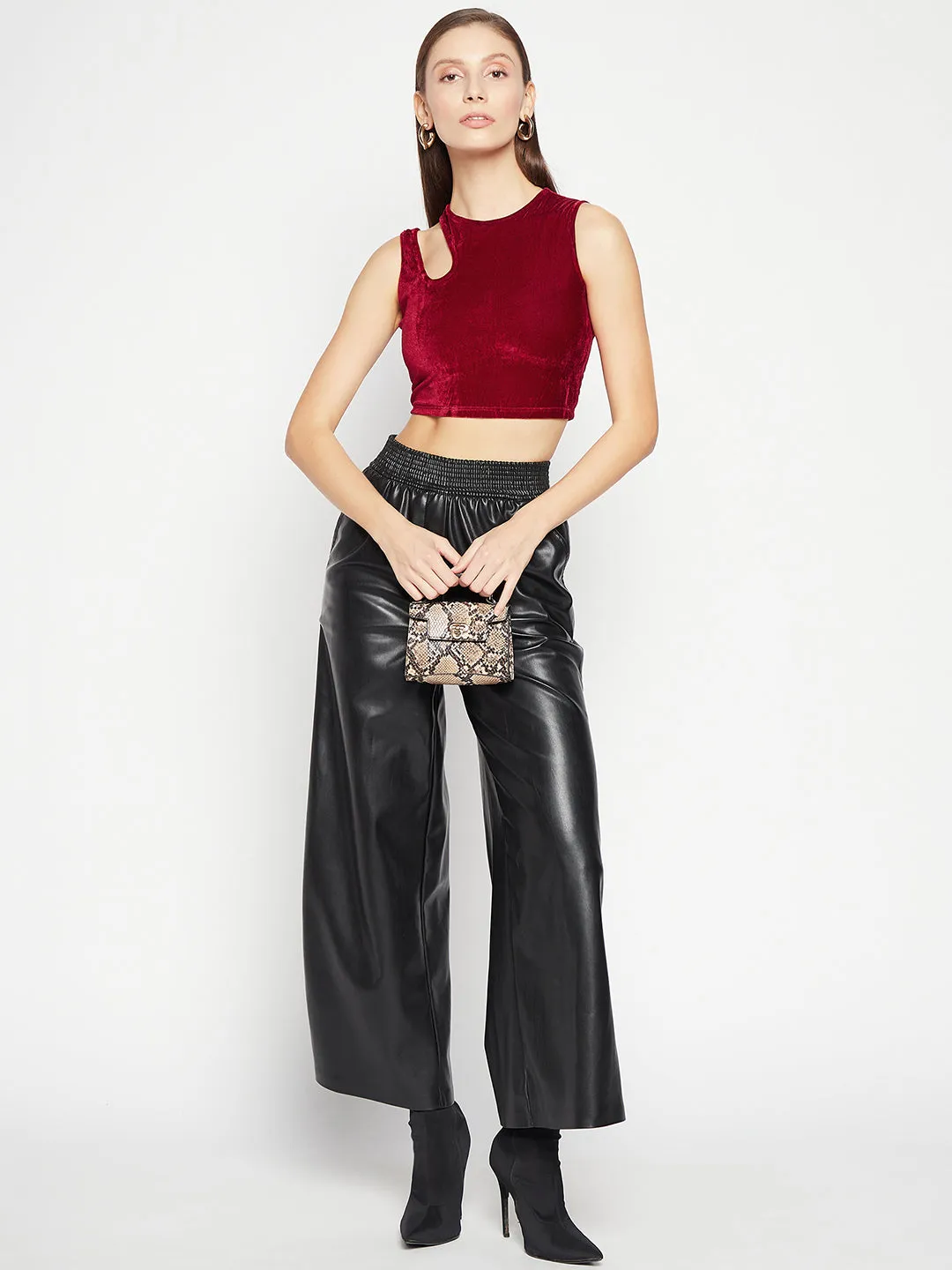 Stretchable Velvet Shoulder Cutout Crop Top