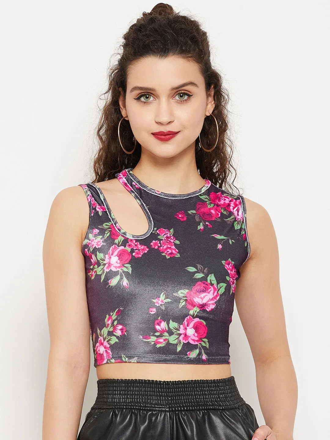 Stretchable Velvet Shoulder Cutout Crop Top