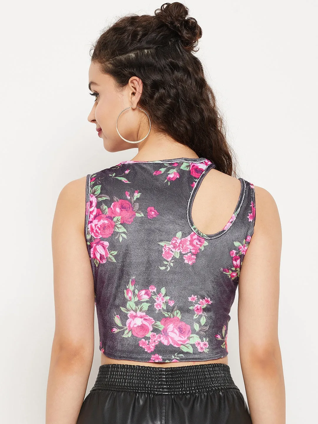 Stretchable Velvet Shoulder Cutout Crop Top