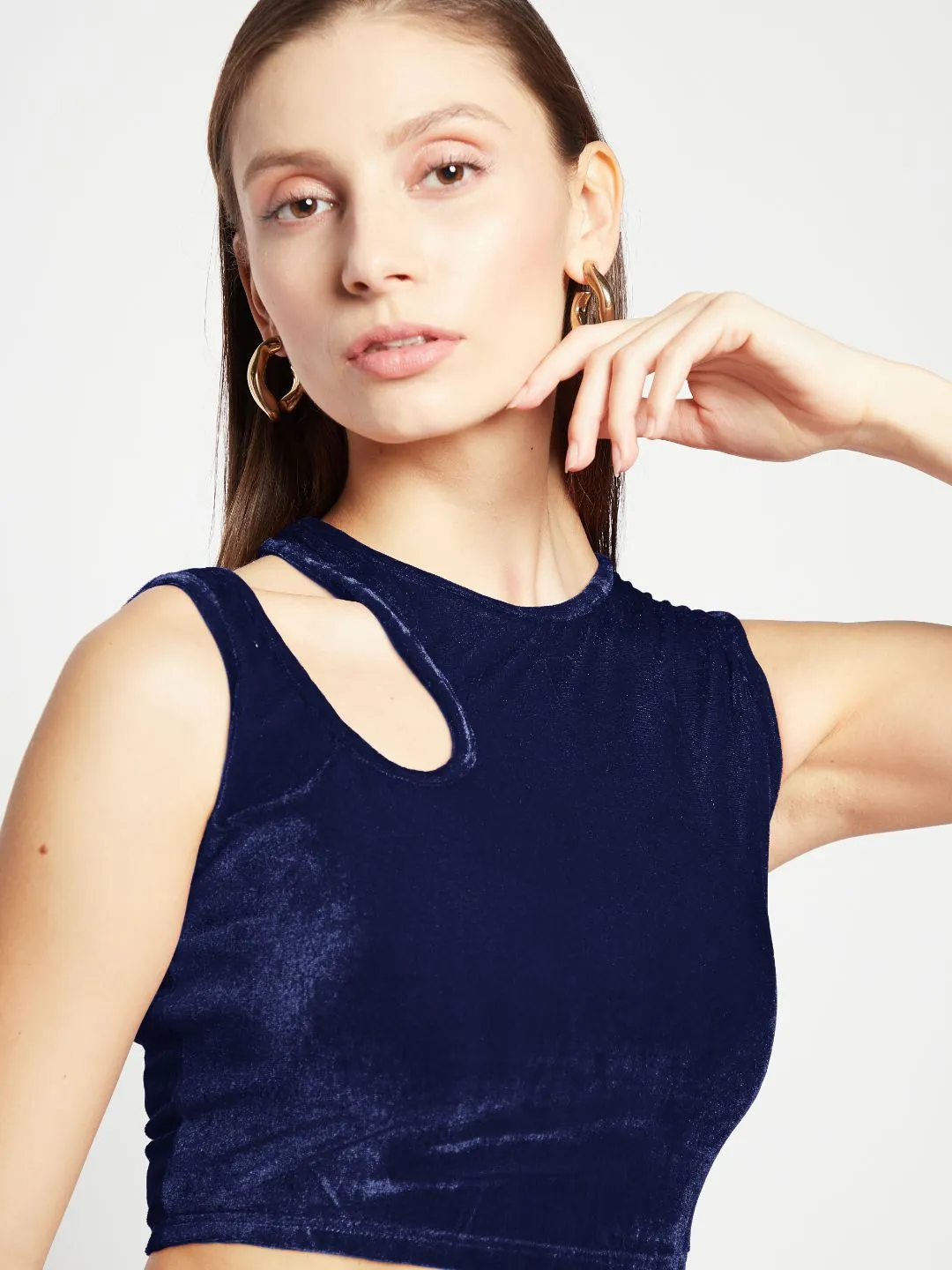 Stretchable Velvet Shoulder Cutout Crop Top