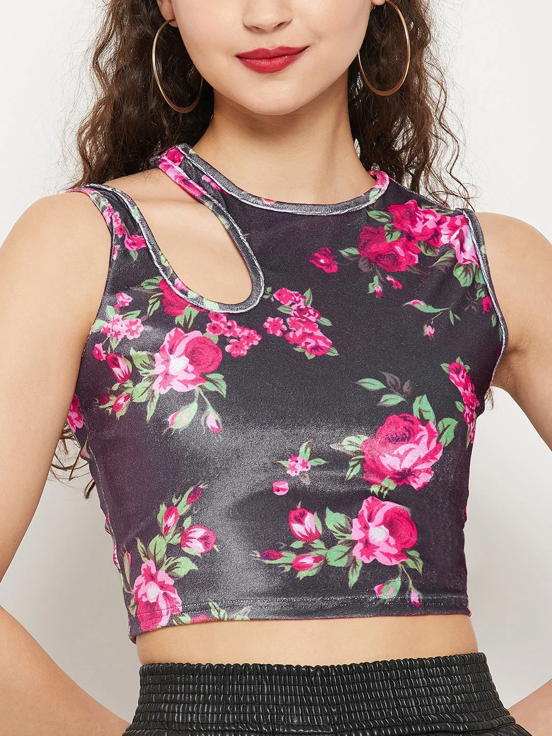 Stretchable Velvet Shoulder Cutout Crop Top