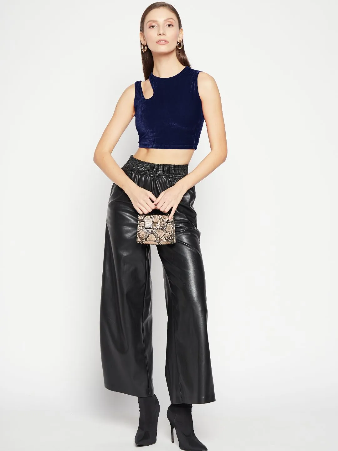 Stretchable Velvet Shoulder Cutout Crop Top