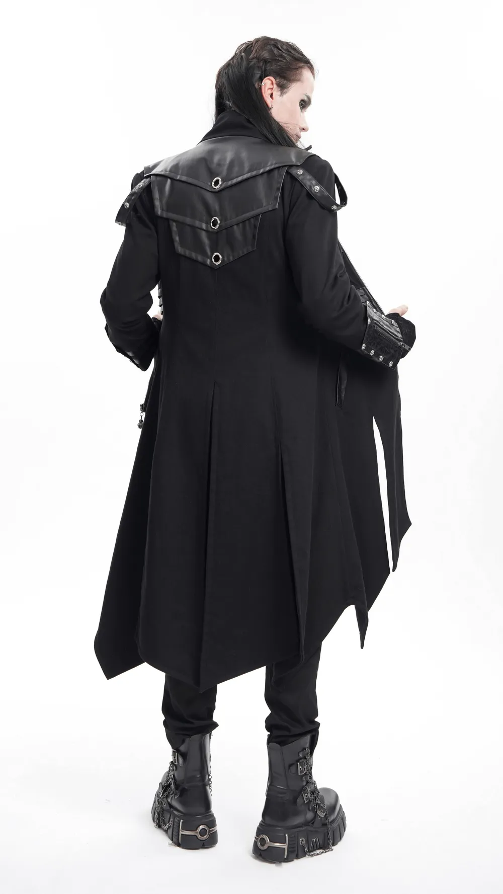 Stylish Gothic Trench Coat with Synthetic Leather Panels