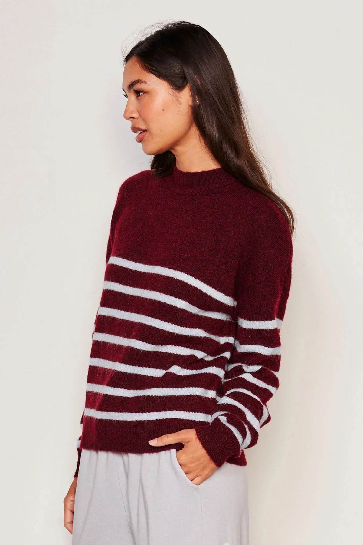 Sundry Stripes Mock Neck Cozy Sweater in Bordeaux