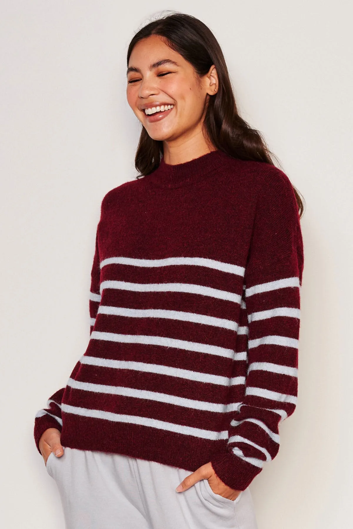 Sundry Stripes Mock Neck Cozy Sweater in Bordeaux