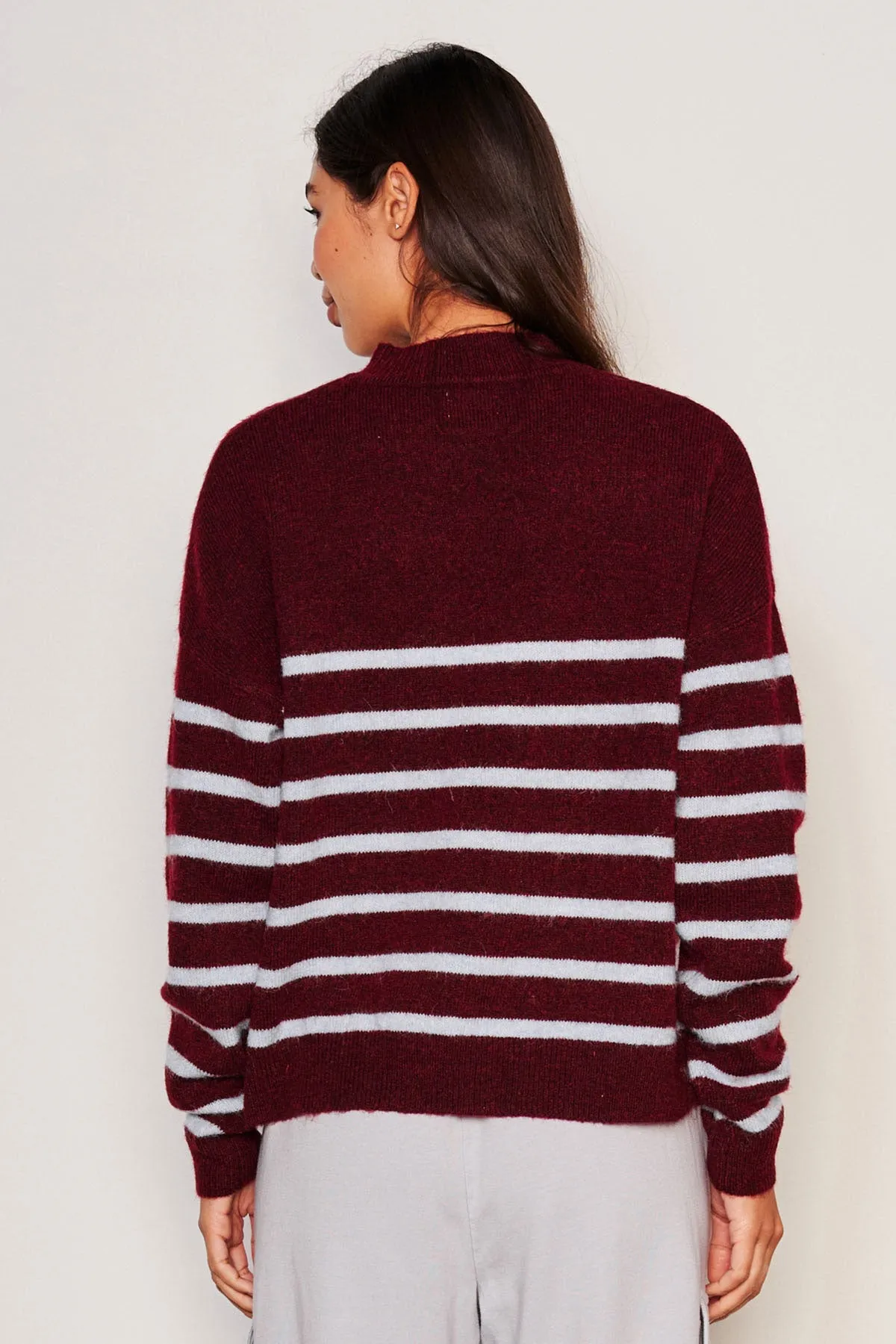 Sundry Stripes Mock Neck Cozy Sweater in Bordeaux