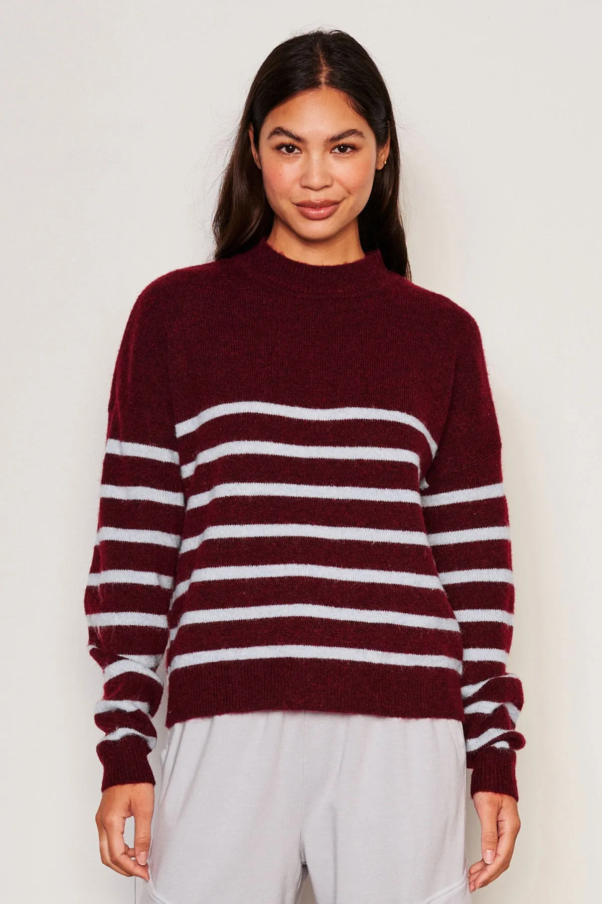 Sundry Stripes Mock Neck Cozy Sweater in Bordeaux