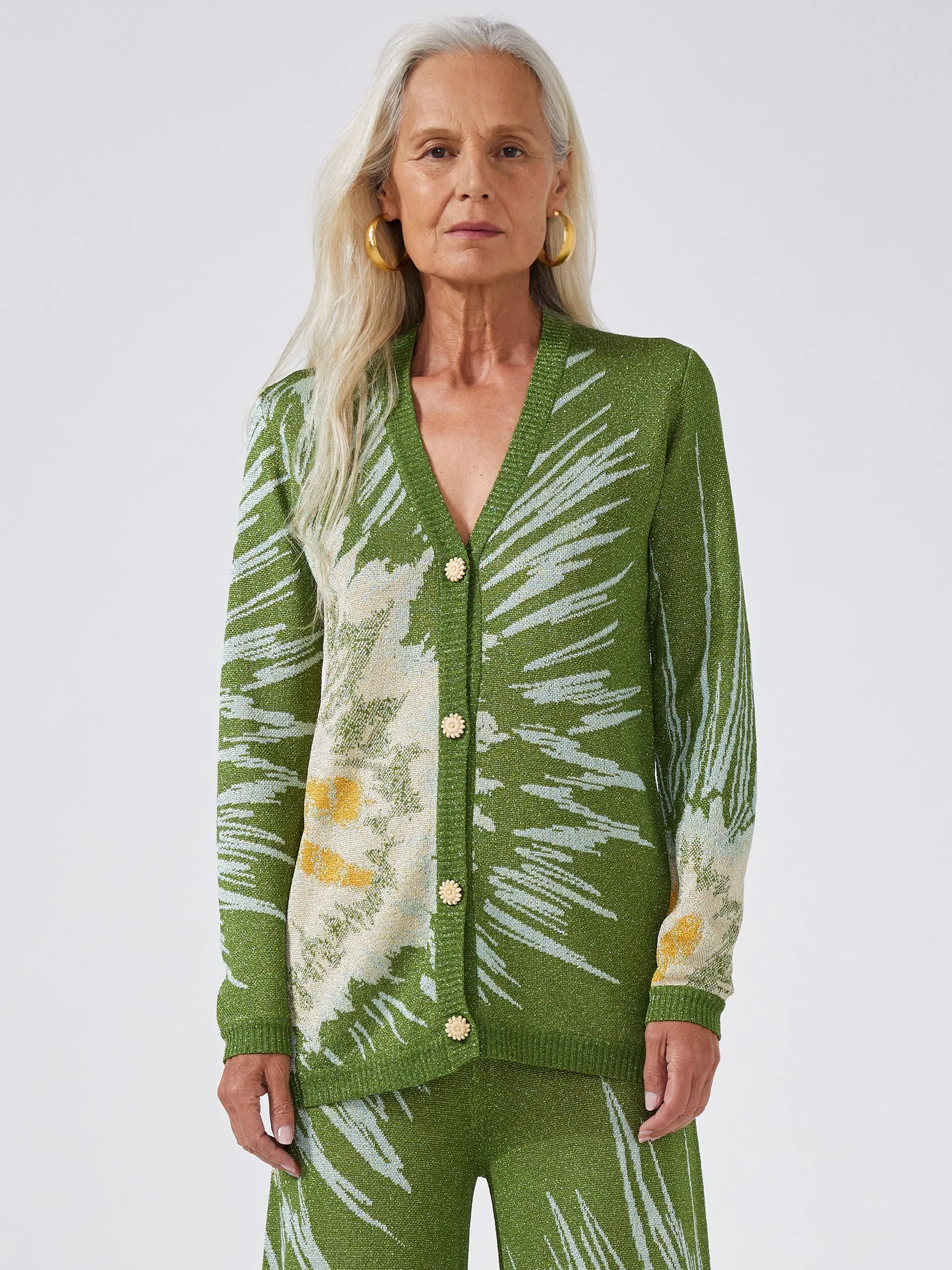 Tie Dye Jacquard V-Neck Cardigan Cactus Green