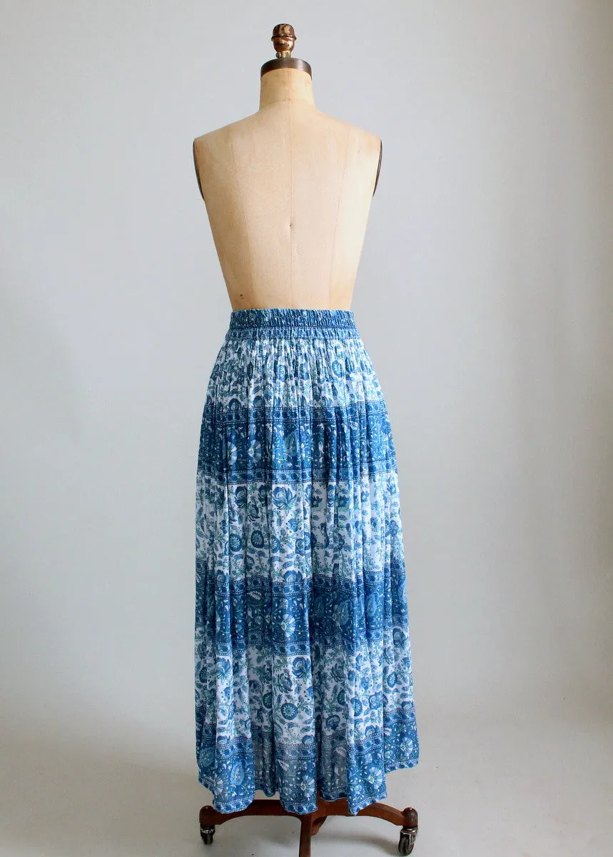 Vintage 1970s Blue Floral Indian Cotton Skirt