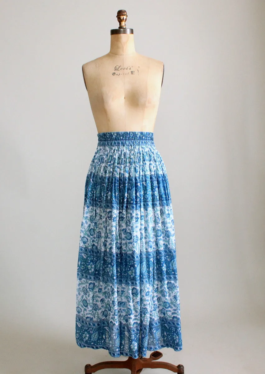 Vintage 1970s Blue Floral Indian Cotton Skirt