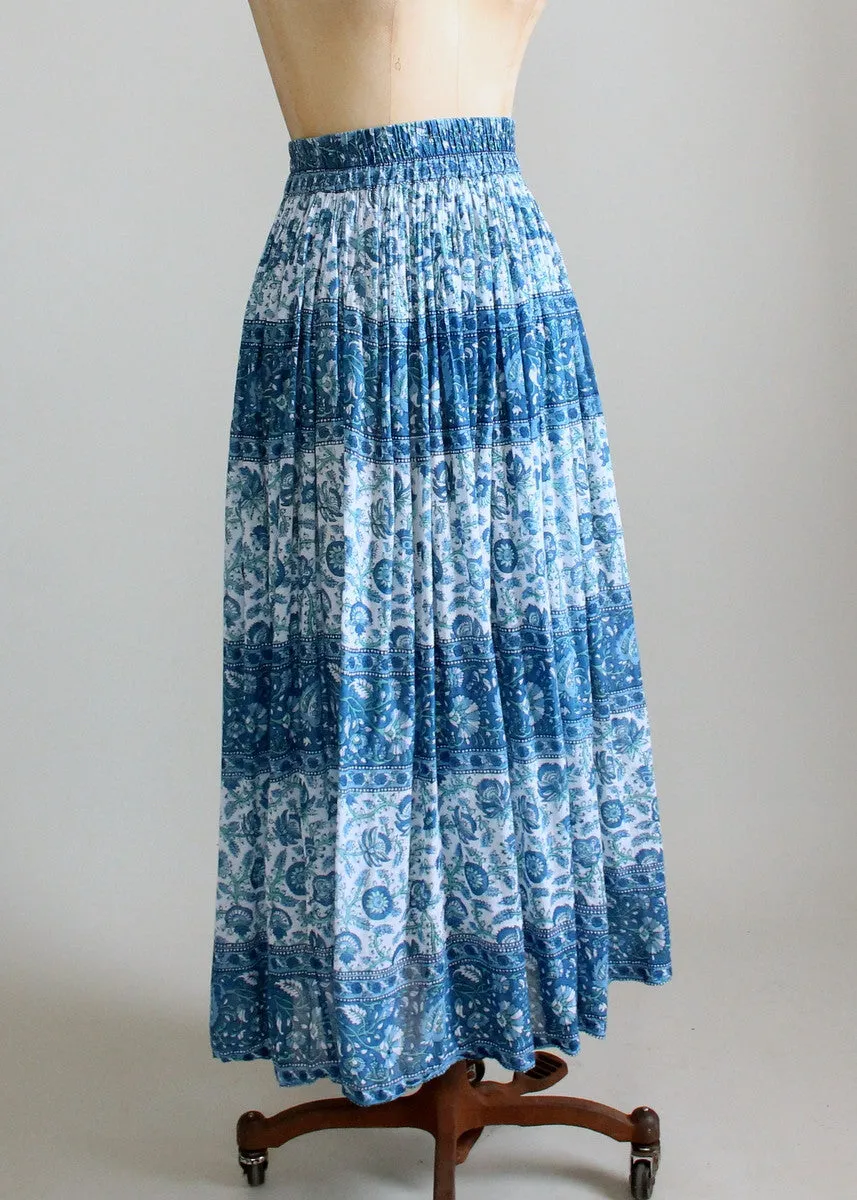 Vintage 1970s Blue Floral Indian Cotton Skirt