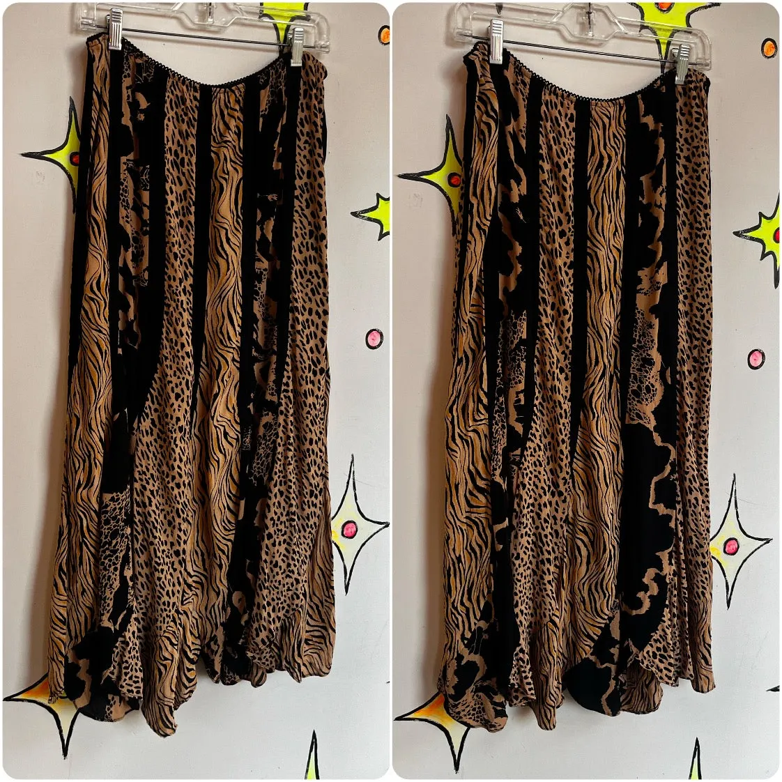 Vintage 90s | Leopard Print Whimsy Grunge Flowy Wearable Art Maxi Skirt | Large