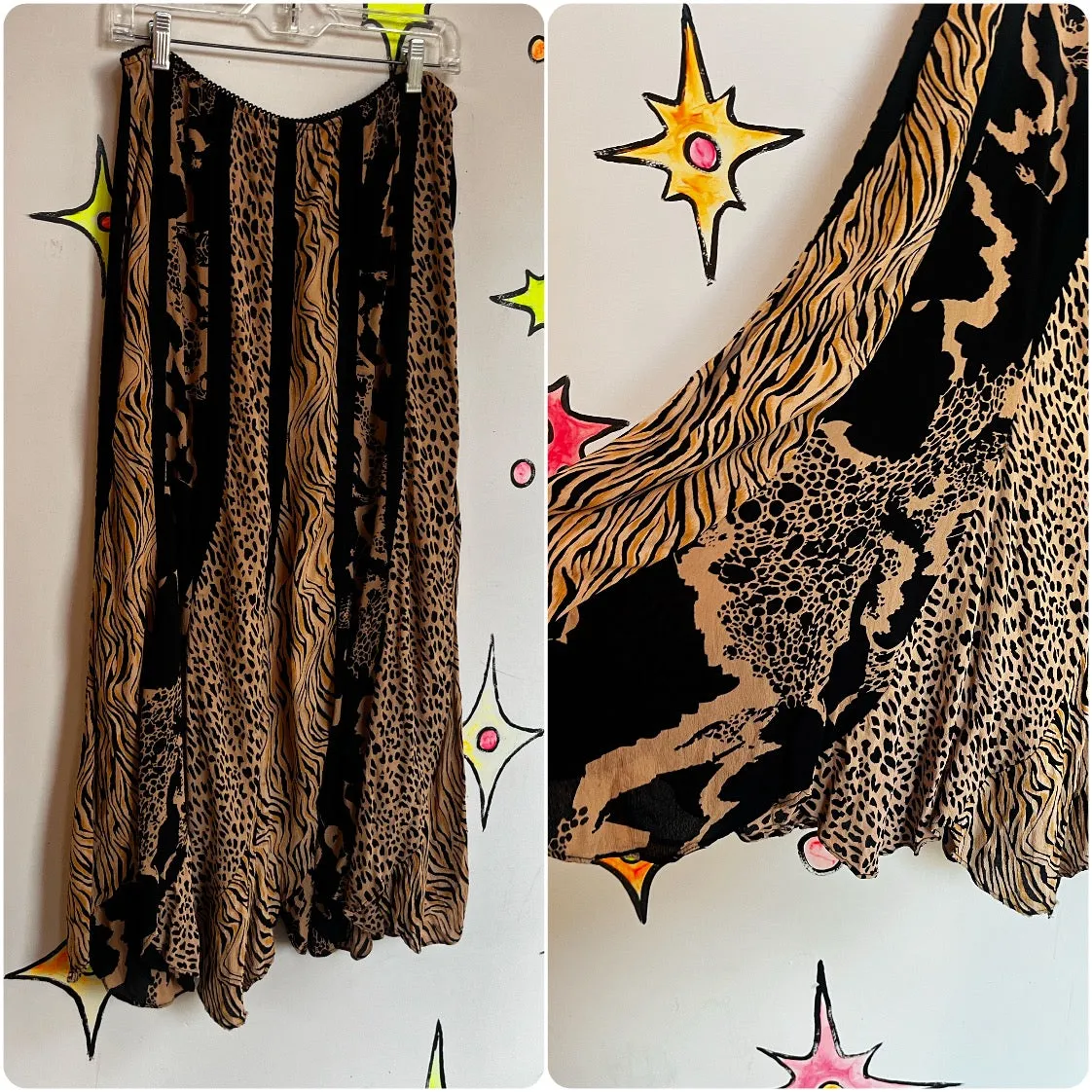 Vintage 90s | Leopard Print Whimsy Grunge Flowy Wearable Art Maxi Skirt | Large