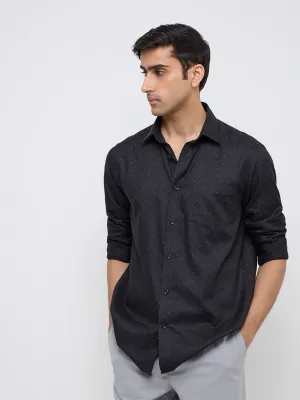 WES Formals Black Polka Dotted Relaxed-Fit Cotton Shirt