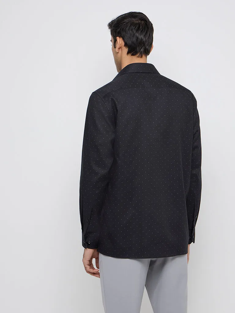 WES Formals Black Polka Dotted Relaxed-Fit Cotton Shirt