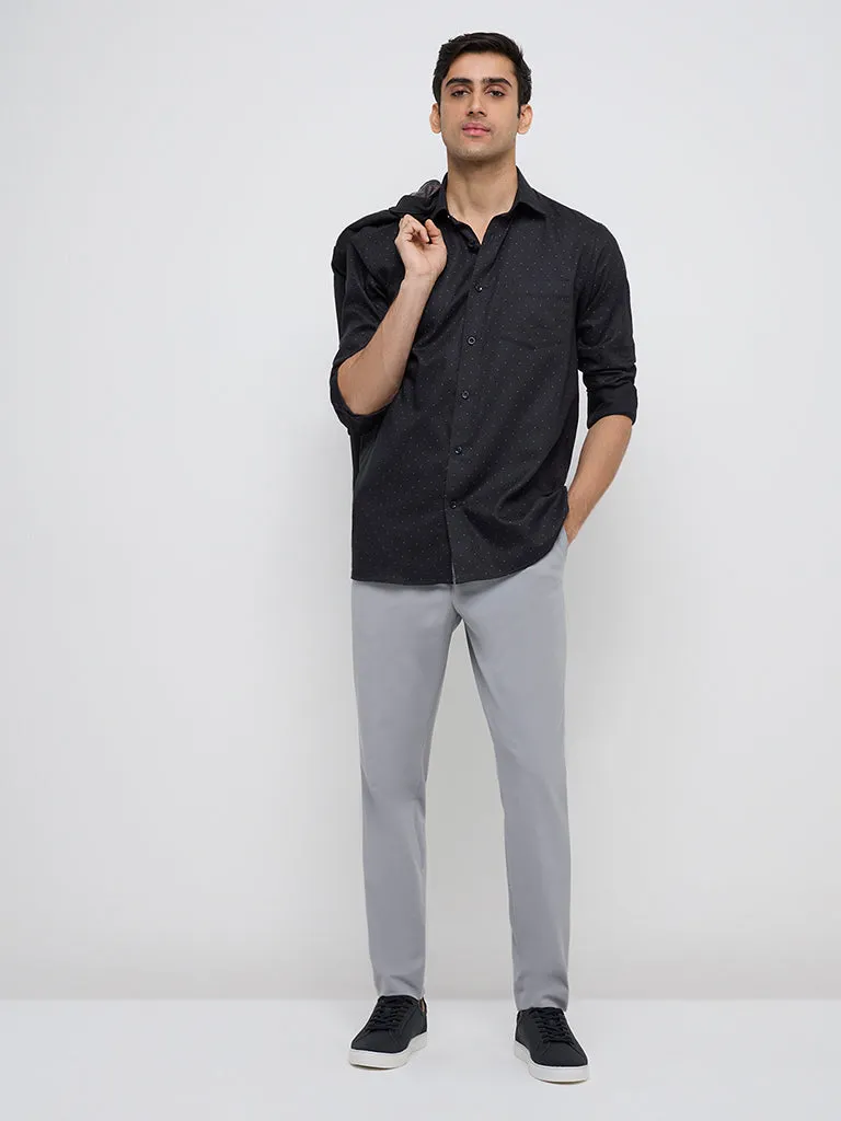 WES Formals Black Polka Dotted Relaxed-Fit Cotton Shirt