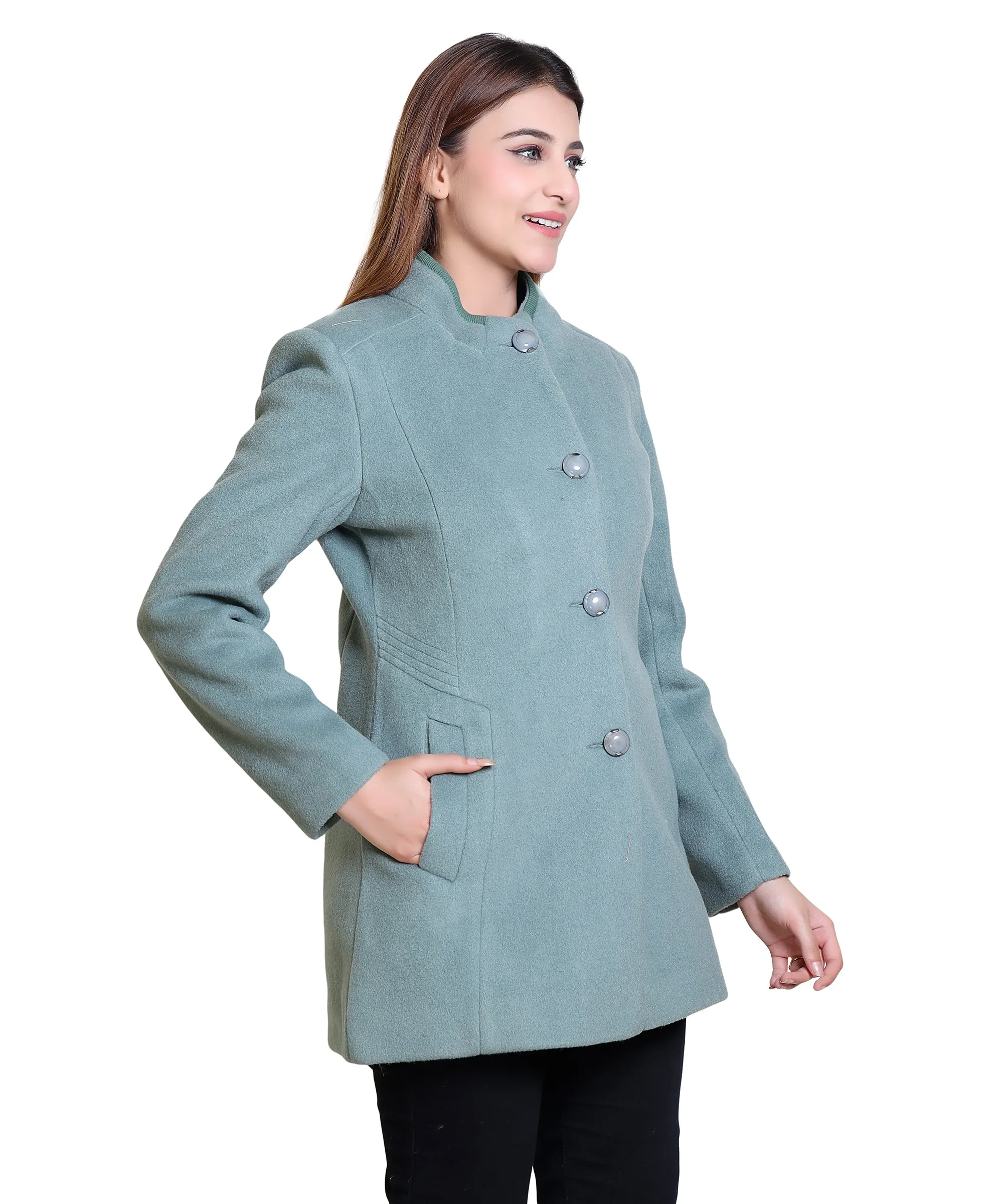 Women Solid Woven Hip Length Coat with Standing Ban Designer Collar