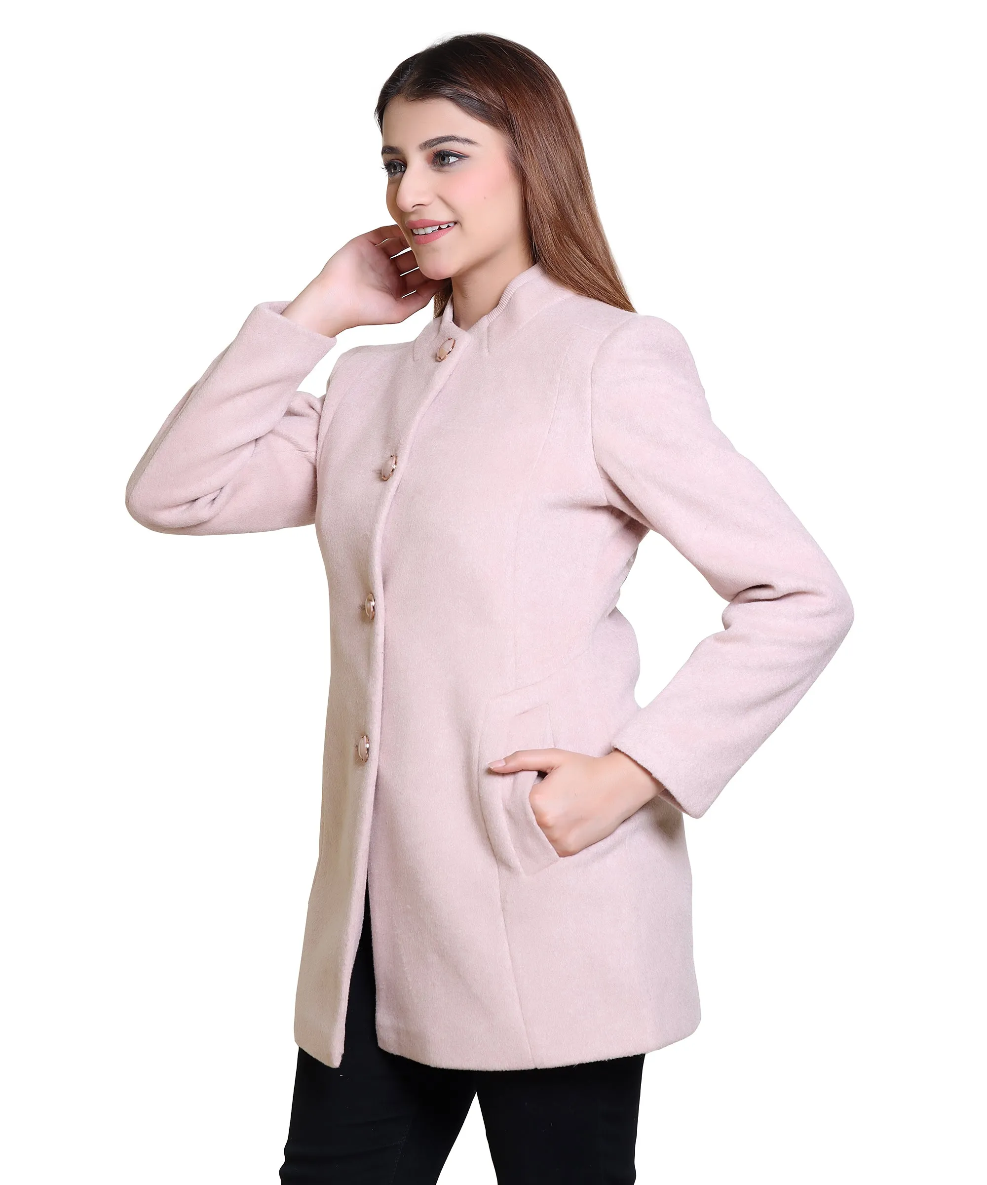 Women Solid Woven Hip Length Coat with Standing Ban Designer Collar