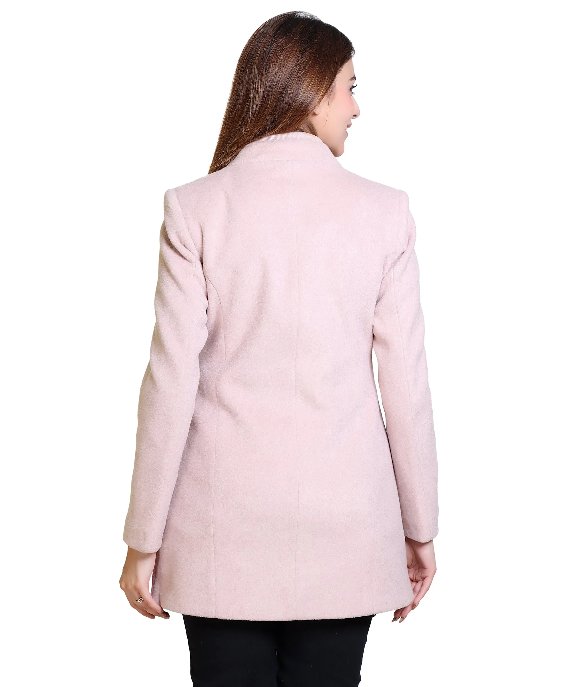 Women Solid Woven Hip Length Coat with Standing Ban Designer Collar