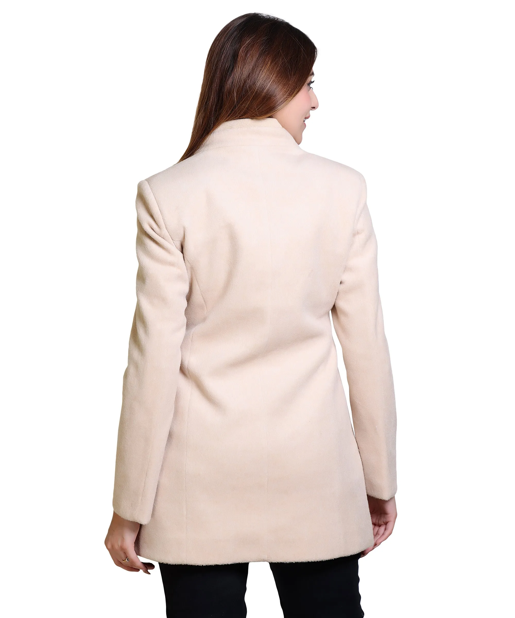 Women Solid Woven Hip Length Coat with Standing Ban Designer Collar