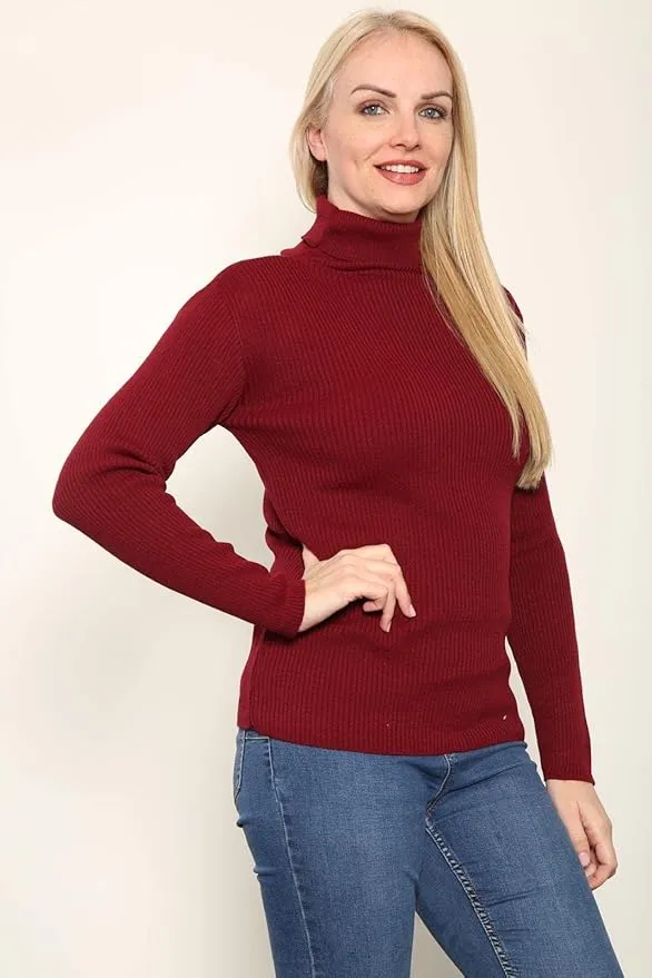 Women's Knitted Ribbed Long Sleeve Polo Neck Top Jumper