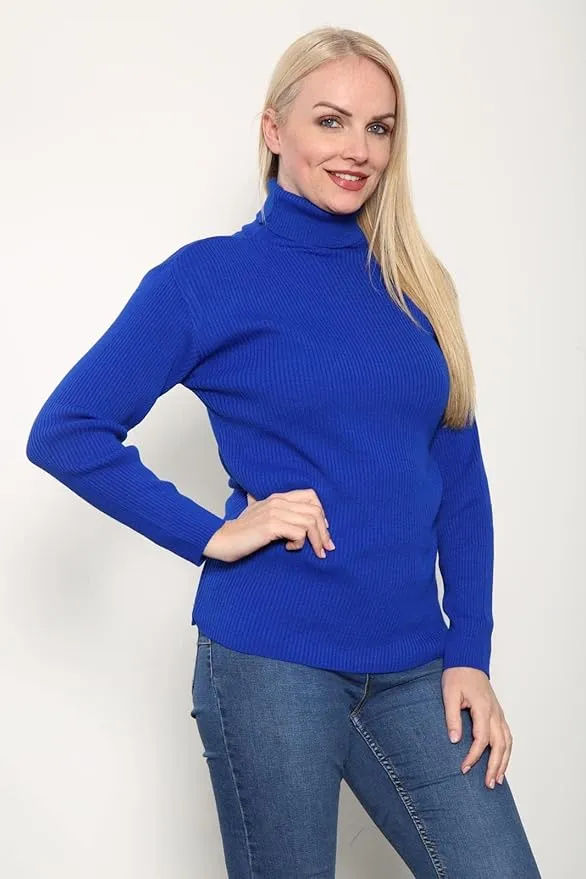 Women's Knitted Ribbed Long Sleeve Polo Neck Top Jumper