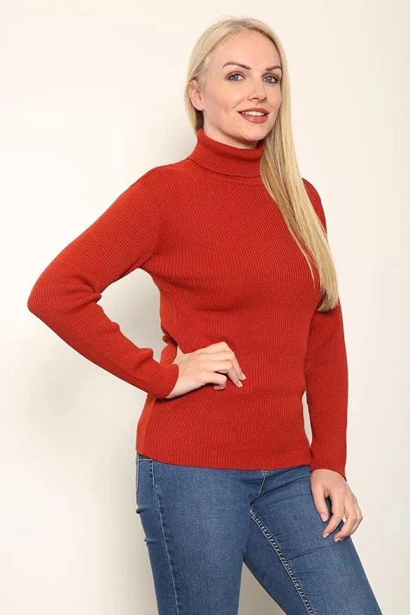 Women's Knitted Ribbed Long Sleeve Polo Neck Top Jumper