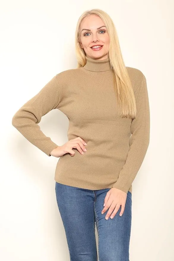 Women's Knitted Ribbed Long Sleeve Polo Neck Top Jumper