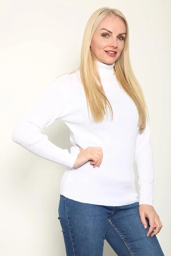 Women's Knitted Ribbed Long Sleeve Polo Neck Top Jumper